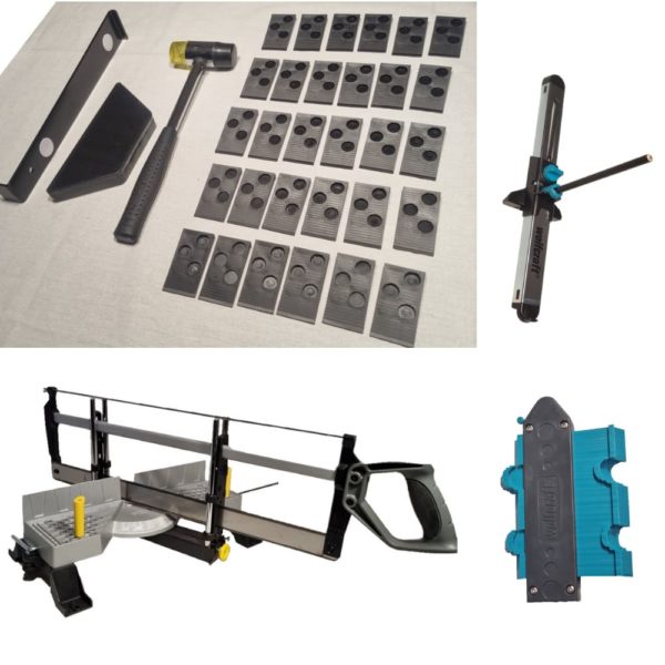 Photo représentant la composition d'un kit pour faire la découpe et la pause d'un parquet stratifié
