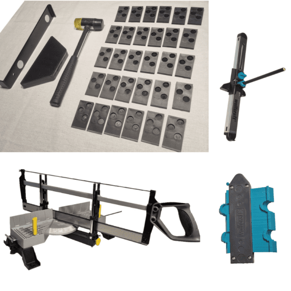 Photo représentant la composition d'un kit pour faire la découpe et la pause d'un parquet stratifié