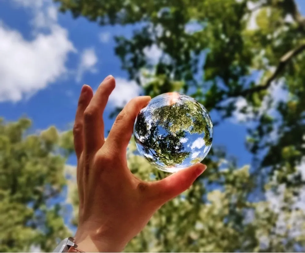Une main qui tient une boule de verre à traver laquelle on voit des feuilles d'arbre