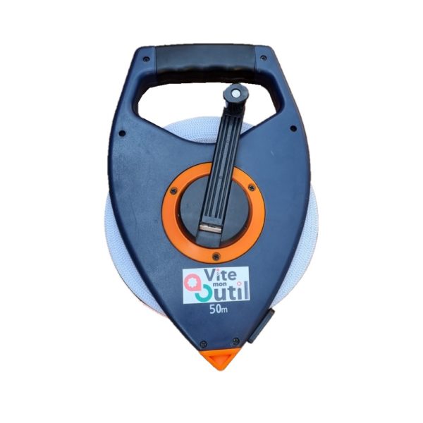A tape measure with a handle and a black and orange handle